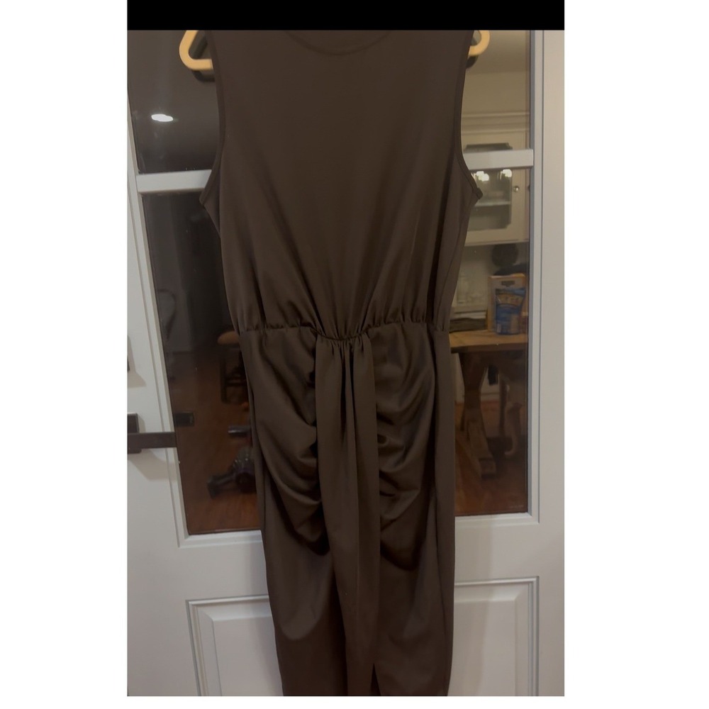 Sleeveless Ruched Midi Dress Brown Gathered Waist Front Slit Size Small